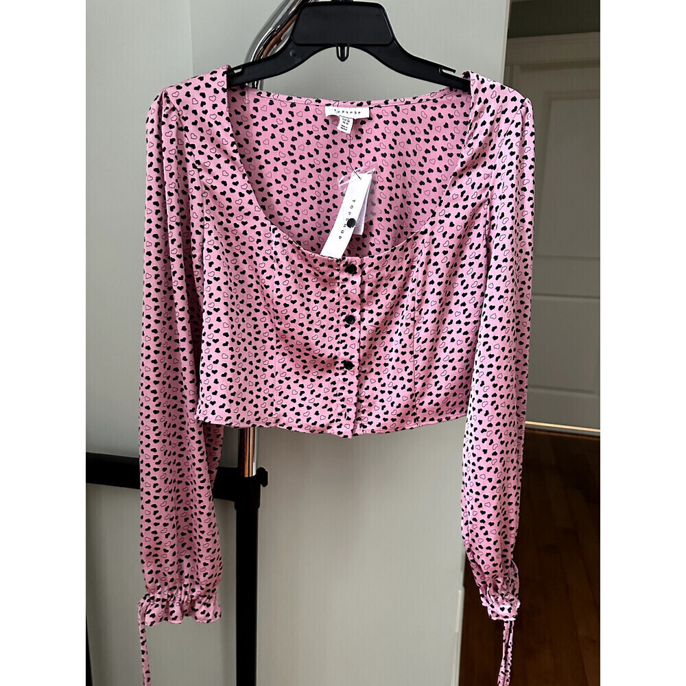 Topshop Women's Cropped Satin Blouse In Pink Heart Print Size 10 US NWT